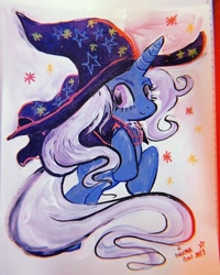 Size: 1080x1350 | Tagged: artist needed, safe, derpibooru import, trixie, pony, unicorn, clothes, female, hat, leaping, looking at you, mare, smiling, solo, traditional art, trixie's hat