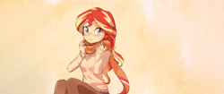 Size: 2560x1080 | Tagged: safe, artist:baekgup, edit, sunset shimmer, equestria girls, blushing, clothes, cute, daaaaaaaaaaaw, hnnng, looking at you, moe, pantyhose, scarf, shimmerbetes, skirt, socks, solo, stockings, sweater, thigh highs, ultra widescreen, wallpaper, wallpaper edit, weapons-grade cute, widescreen