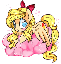 Size: 749x785 | Tagged: safe, artist:suzuii, pegasus, pony, aino minako, blushing, bow, cloud, cute, looking at you, ponified, prone, sailor venus, simple background, smiling, solo, sparkles, spread wings, transparent background, weapons-grade cute