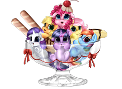 Size: 3509x2550 | Tagged: safe, artist:pridark, derpibooru import, applejack, fluttershy, pinkie pie, rainbow dash, rarity, twilight sparkle, earth pony, pegasus, pony, unicorn, banana, blank flank, bow, cherry, chocolate, cute, dashabetes, diabetes, diapinkes, filly, glass, high res, hnnng, ice cream, jackabetes, mane six, ponies in food, pridark is trying to murder us, raribetes, ribbon, shyabetes, simple background, transparent background, twiabetes, weapons-grade cute