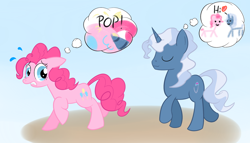 Size: 1260x720 | Tagged: safe, artist:hip-indeed, pinkie pie, pokey pierce, earth pony, pony, unicorn, balloon, balloon popping, female, greatest fear, heart, male, pokeypie, shipping, straight