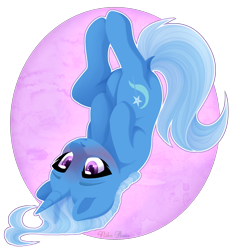 Size: 2425x2630 | Tagged: safe, artist:nika-rain, derpibooru import, trixie, pony, unicorn, abstract background, blushing, circle background, cute, diatrixes, dock, female, hooves to the chest, mare, on back, solo, upside down, ych result