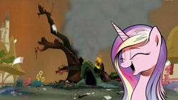 Size: 1450x811 | Tagged: safe, princess cadance, alicorn, pony, twilight's kingdom, cadance laughs at your misery, destruction, exploitable meme, fire, golden oaks library, laughing, library, meme, obligatory pony, ruins, solo, we are going to hell