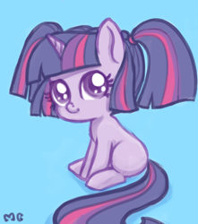 Size: 718x812 | Tagged: safe, artist:mcponyponypony, twilight sparkle, alternate hairstyle, blank flank, blue background, cute, female, filly, filly twilight sparkle, pigtails, simple background, solo, twiabetes, weapons-grade cute, younger