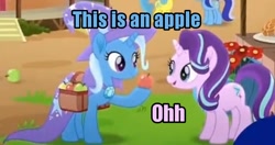 Size: 604x320 | Tagged: safe, derpibooru import, edit, edited screencap, screencap, lemon hearts, minuette, starlight glimmer, trixie, pony, unicorn, rainbow roadtrip, apple, captain obvious, cropped, female, food, mare, no shit sherlock, saddle bag, silly, silly pony