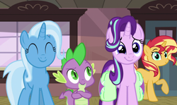 Size: 1812x1080 | Tagged: safe, artist:keronianniroro, derpibooru import, edit, edited screencap, screencap, spike, starlight glimmer, sunset shimmer, trixie, dragon, pony, unicorn, all bottled up, adorable face, bisexual, crossed arms, cute, door, eyes closed, female, glimmerbetes, happy, hundreds of users filter this tag, male, mare, ponyville train station, saddle bag, train station, window