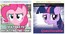 Size: 529x281 | Tagged: safe, derpibooru import, pinkie pie, twilight sparkle, unicorn twilight, earth pony, pony, unicorn, exploitable meme, juxtaposition, juxtaposition win, meta:questionable, rape is not funny, spoilered image