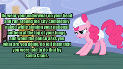 Size: 1280x720 | Tagged: safe, edit, edited screencap, screencap, pinkie pie, pony, baby cakes, bronyetiquette, diaper, diaper on head, female, frown, impact font, indoors, mare, meta, open mouth, parody, solo, standing, wat