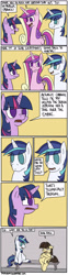 Size: 950x3819 | Tagged: safe, artist:timsplosion, princess cadance, shining armor, twilight sparkle, wild fire, alicorn, pegasus, pony, unicorn, comic:shining armor is a goddamn moron, cameo, comic, crossed arms, female, jail, male, mare, no pupils, prison, simple background, speech bubble, stallion, treason, yellow background