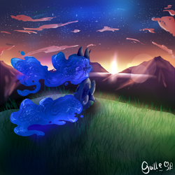 Size: 1070x1070 | Tagged: safe, artist:guillermina88, princess luna, alicorn, pony, cloud, color porn, mountain, rear view, sitting, solo, stars, sunset, twilight (astronomy)