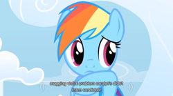 Size: 640x355 | Tagged: safe, screencap, rainbow dash, pegasus, pony, blue mane, female, mare, multicolored mane, youtube caption