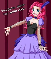 Size: 700x800 | Tagged: safe, artist:apzzang, pinkie pie, human, over a barrel, breasts, choker, cleavage, clothes, cute, diapinkes, feather, female, fingerless elbow gloves, humanized, open mouth, saloon pinkie, solo