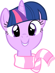 Size: 1425x1884 | Tagged: safe, artist:cthulhuandyou, derpibooru import, twilight sparkle, unicorn twilight, pony, unicorn, winter wrap up, bust, clothes, looking at you, portrait, scarf, simple background, smiling, solo, transparent background, vector