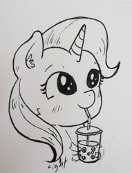 Size: 3460x4536 | Tagged: safe, artist:lightisanasshole, derpibooru import, trixie, unicorn, adorkable, blushing, challenge, cute, dork, food, handsfree boba tea challenge, monochrome, sketch, tea