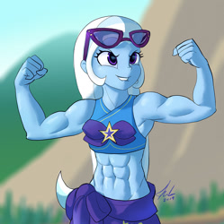 Size: 1088x1094 | Tagged: safe, artist:raikoh, derpibooru import, trixie, better together, equestria girls, forgotten friendship, abs, armpits, belly button, biceps, bikini, bikini top, clothes, flexing, grand and muscular trixie, midriff, misleading thumbnail, muscles, sarong, scene interpretation, solo, swimsuit