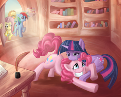 Size: 1280x1024 | Tagged: safe, artist:hnkkorgris, derpibooru import, applejack, fluttershy, pinkie pie, rainbow dash, twilight sparkle, earth pony, pegasus, pony, unicorn, comforting, comforting twilight, crying, female, golden oaks library, hug, lesbian, library, mare, raised hoof, raised leg, shipping, smiling, twinkie