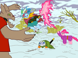 Size: 640x480 | Tagged: safe, artist:th8827, pinkie pie, rainbow dash, rarity, rover, diamond dog, earth pony, frog, pegasus, pony, unicorn, chrono trigger, cover, crono, magic, marle, parody, ponified, snow, sword