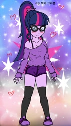 Size: 720x1280 | Tagged: safe, artist:ajrrhvk12, sci-twi, twilight sparkle, equestria girls, blushing, clothes, heart, off shoulder, shirt, shorts, socks, solo, thigh highs