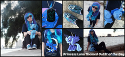 Size: 2000x920 | Tagged: safe, artist:krazykari, princess luna, human, clothes, irl, irl human, photo, plushie, welovefine