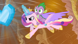 Size: 1365x768 | Tagged: safe, screencap, princess cadance, spike, alicorn, dragon, pony, the crystal empire, crystal heart