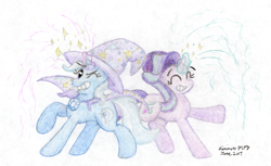 Size: 4210x2575 | Tagged: safe, artist:kirbyliscious, derpibooru import, starlight glimmer, trixie, pony, unicorn, duo, duo female, female, grin, mare, raised hoof, smiling, sparkles, traditional art