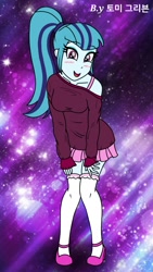 Size: 720x1280 | Tagged: safe, artist:ajrrhvk12, sonata dusk, equestria girls, blushing, clothes, high heels, off shoulder, pleated skirt, ponytail, shirt, shoes, skirt, socks, solo, thigh highs