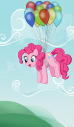 Size: 1095x1881 | Tagged: safe, artist:mintystitch, pinkie pie, earth pony, pony, balloon, solo, then watch her balloons lift her up to the sky