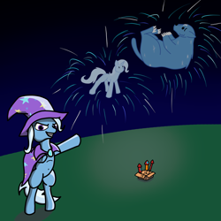 Size: 2000x2000 | Tagged: safe, artist:tunrae, derpibooru import, trixie, pony, unicorn, ursa minor, atg 2019, boasting, cape, clothes, fireworks, hat, newbie artist training grounds, standing