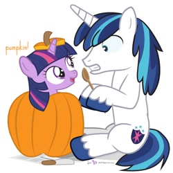 Size: 880x880 | Tagged: safe, artist:dm29, shining armor, twilight sparkle, pony, unicorn, cute, duo, female, filly, filly twilight sparkle, gritted teeth, halloween, julian yeo is trying to murder us, knife, pumpkin, spoon, surprised, twiabetes, wide eyes, younger