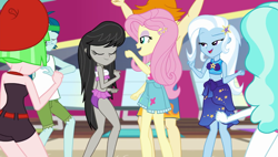 Size: 1267x720 | Tagged: safe, derpibooru import, screencap, captain planet, drama letter, fluttershy, octavia melody, paisley, trixie, valhallen, watermelody, better together, equestria girls, i'm on a yacht, ass, background human, butt, clothes, female, legs, male, sarong, shorts, swimming trunks, swimsuit