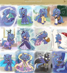 Size: 3366x3638 | Tagged: safe, artist:howxu, princess celestia, princess luna, oc, oc:fausticorn, alicorn, pony, batman, bipedal, chang'e, chinese, chinese mythology, clothes, controller, costume, cute, dc comics, dress, fangs, filly, gamer luna, headset, hoodie, howxu is trying to murder us, i am the night, lunabetes, meme, mythology, one-piece swimsuit, pokémon, s1 luna, school uniform, swimming pool, swimsuit, traditional royal canterlot voice, umbreon, wardrobe meme, weapons-grade cute, woona, xd