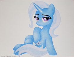 Size: 3588x2768 | Tagged: safe, artist:maximustimaeus, derpibooru import, trixie, pony, unicorn, colored pencil drawing, female, lidded eyes, mare, sitting, smiling, solo, traditional art