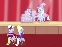 Size: 850x650 | Tagged: safe, artist:addelum, derpibooru import, jack pot, starlight glimmer, trixie, pony, unicorn, big bucks, happy, newbie artist training grounds, smiling, stage