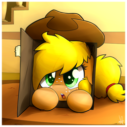Size: 1500x1500 | Tagged: safe, artist:shinodage, derpibooru import, applejack, earth pony, pony, :o, box, cardboard box, cowboy hat, cute, daaaaaaaaaaaw, freckles, hat, hnnng, jackabetes, looking at you, pony in a box, prone, silly, silly pony, solo, stetson, weapons-grade cute, who's a silly pony