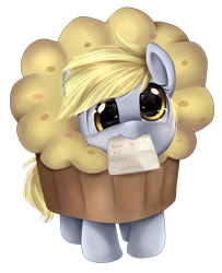 Size: 1534x1887 | Tagged: safe, artist:pridark, derpy hooves, pony, clothes, costume, cute, daaaaaaaaaaaw, derpabetes, female, filly, hnnng, looking at you, mouth hold, muffin, pony shaming, pridark is trying to murder us, shaming, simple background, smiling, solo, transparent background, weapons-grade cute