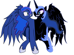 Size: 2048x1536 | Tagged: safe, artist:roxy-cream, nightmare moon, princess luna, alicorn, pony, conjoined, conjoined twins, ettin pony, multiple heads, simple background, two heads, why