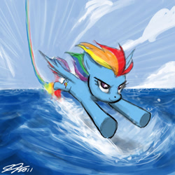 Size: 900x900 | Tagged: safe, artist:johnjoseco, rainbow dash, pegasus, pony, rainbow trail, solo, water