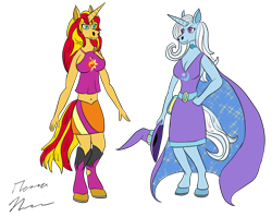 Size: 4833x3847 | Tagged: safe, artist:red-dragon-x7, derpibooru import, sunset shimmer, trixie, anthro, belly button, equestria girls outfit, female, lesbian, shipping, suntrix