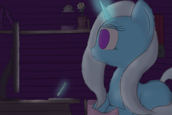 Size: 2415x1613 | Tagged: safe, artist:snezhok42, derpibooru import, trixie, pony, atg 2019, drawing, drawing tablet, horn glowing, lying, missing cutie mark, newbie artist training grounds, solo, tablet