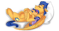 Size: 1900x1000 | Tagged: safe, artist:dragonfoxgirl, flash sentry, oc, oc:night light jr, oc:starburst, pegasus, pony, unicorn, :o, colt, cuddling, cute, diasentres, eyes closed, father and child, father and daughter, father and son, female, filly, floppy ears, hug, male, offspring, on back, open mouth, papa flash, parent and child, parent:flash sentry, parent:twilight sparkle, parents:flashlight, pillow, scar, siblings, simple background, sleeping, snuggling, starbetes, story in the source, transparent background, vector, weapons-grade cute, winghug