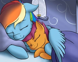Size: 1700x1359 | Tagged: safe, artist:nobody47, derpibooru import, rainbow dash, scootaloo, pegasus, pony, cuddling, cute, eyes closed, female, filly, mare, scootalove, sleeping, snuggling, weapons-grade cute, wing blanket