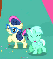 Size: 170x190 | Tagged: safe, screencap, bon bon, lyra heartstrings, sweetie drops, pinkie pride, adorabon, animated, best friends, cute, dancing, eyes closed, female, filly, filly lyra, friendshipping, glasses, grin, happy, lyrabetes, ponies standing next to each other, raised hoof, raised leg, smiling, twisted bon bon, weapons-grade cute, younger