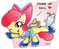 Size: 3576x3000 | Tagged: safe, artist:lockerobster, artist:mrcbleck, apple bloom, earth pony, pony, collaboration, adorabloom, clothes, cute, female, filly, food, heart, hnnng, looking at you, milkshake, misspelling, pie, roller skates, smiling, solo, waitress, weapons-grade cute, wink, y'all, ya'll