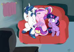 Size: 500x354 | Tagged: safe, artist:kuromi, princess cadance, shining armor, twilight sparkle, alicorn, pony, unicorn, cringing, filly, filly twilight sparkle, movie, scared, scary movie, teen princess cadance, twily, varying degrees of want, younger