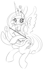 Size: 1138x1920 | Tagged: safe, artist:zev, princess cadance, alicorn, pony, arrow, bipedal, bow, cupid, grayscale, monochrome, mouth hold, smiling, solo, spread wings, weapon