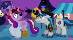 Size: 1280x717 | Tagged: safe, artist:kuromi, princess cadance, shining armor, twilight sparkle, alicorn, pony, unicorn, zombie, clothes, costume, nightmare night, pirate, rick grimes, teen princess cadance, the walking dead, younger