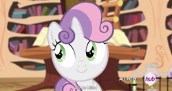 Size: 1152x609 | Tagged: safe, screencap, sweetie belle, pony, unicorn, twilight time, cute, diasweetes, female, filly, hub logo, meme, smiling, solo, weapons-grade cute, youtube caption