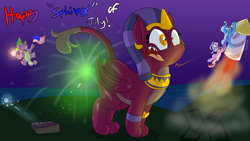 Size: 3840x2160 | Tagged: safe, artist:rupertbluefox, derpibooru import, sphinx (character), spike, starlight glimmer, trixie, dragon, pony, sphinx, unicorn, american flag, behaving like a cat, cape, clothes, female, firework from behind, fireworks, frightened, kitty sphinx, male, mare, meow, shrunken pupils, silly, sparkles, surprised, trixie's cape, trixie's rocket, winged spike