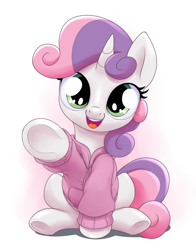 Size: 782x1000 | Tagged: safe, artist:stoic5, sweetie belle, pony, unicorn, c:, clothes, cute, diabetes, diasweetes, female, filly, hnnng, hoodie, looking at you, open mouth, open smile, pointing, pointing at you, simple background, smiling, smiling at you, solo, underhoof, weapons-grade cute, white background