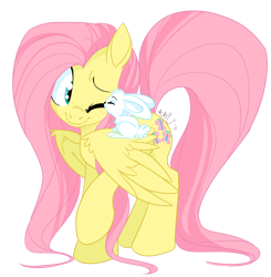 Size: 882x900 | Tagged: safe, artist:chib-bee, derpibooru import, angel bunny, fluttershy, pegasus, pony, cute, daaaaaaaaaaaw, eyes closed, female, fluffy, hnnng, long mane, long tail, mare, nuzzling, one eye closed, photoshop, raised hoof, shyabetes, simple background, smiling, transparent background, weapons-grade cute, wink